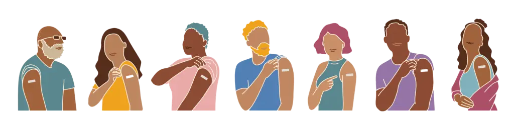 Illustrations of a range of people with bandaids on their arms to indicate they've had a vaccination.