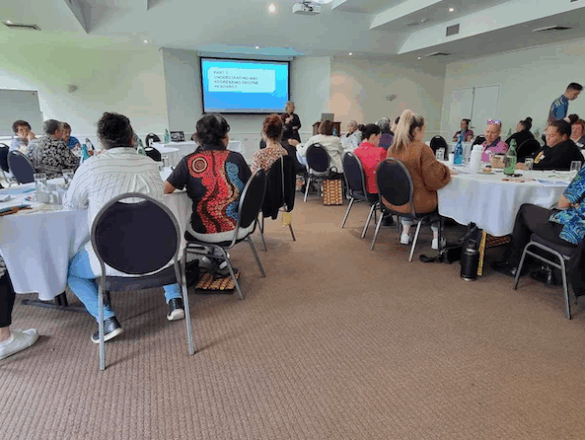 Groups of people seated around tables for a workshop.